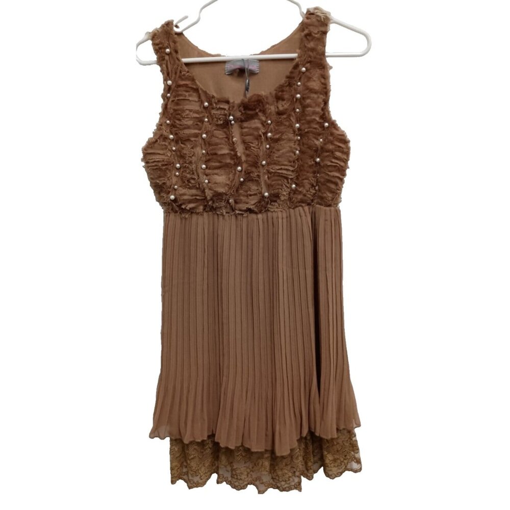 Pretty Angel Brown Pleated Mini Dress with Lace Trim